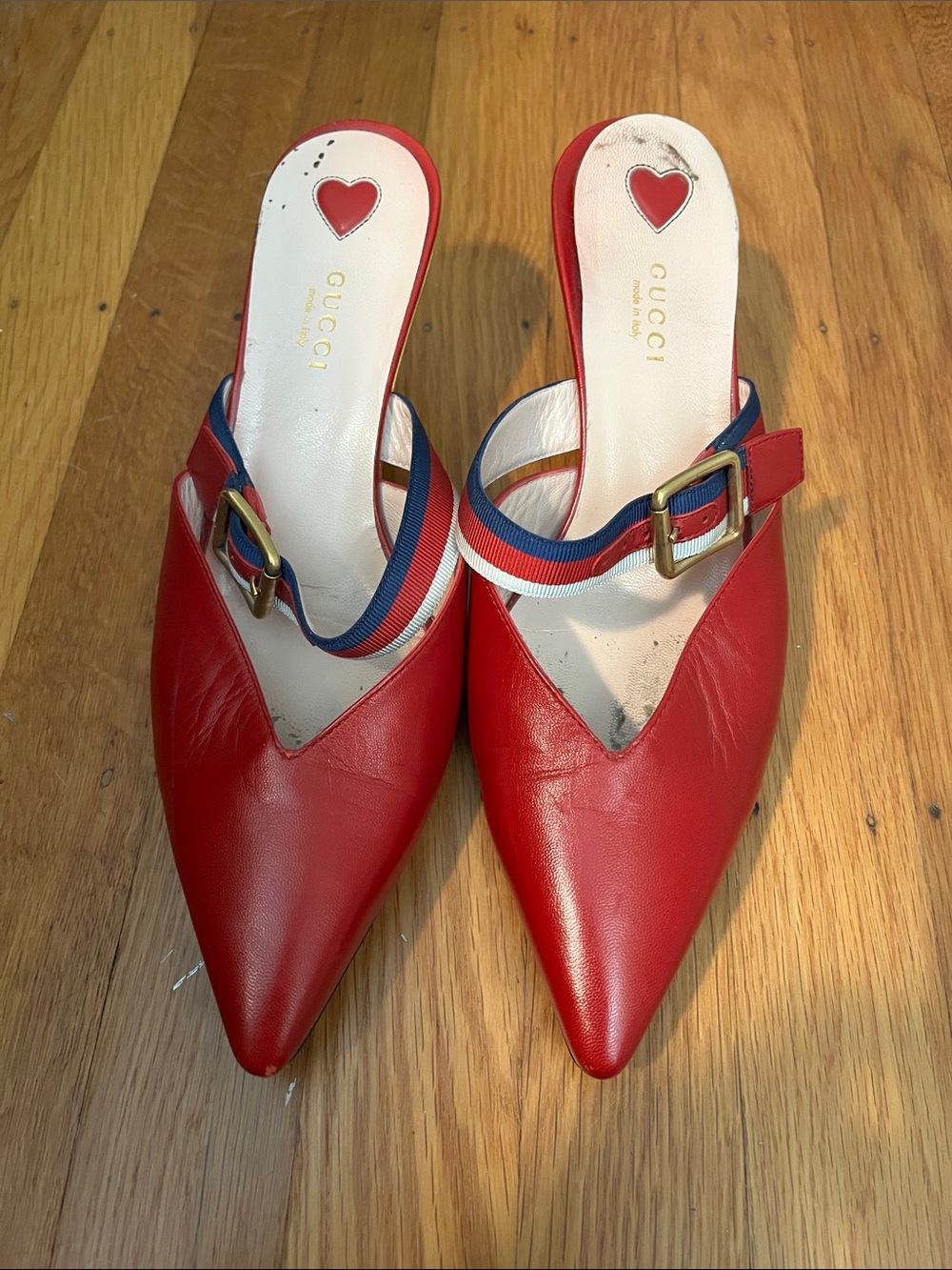 Gucci Red Pointed Slingback Mules with Striped Ankle Straps - Picture 2 of 3